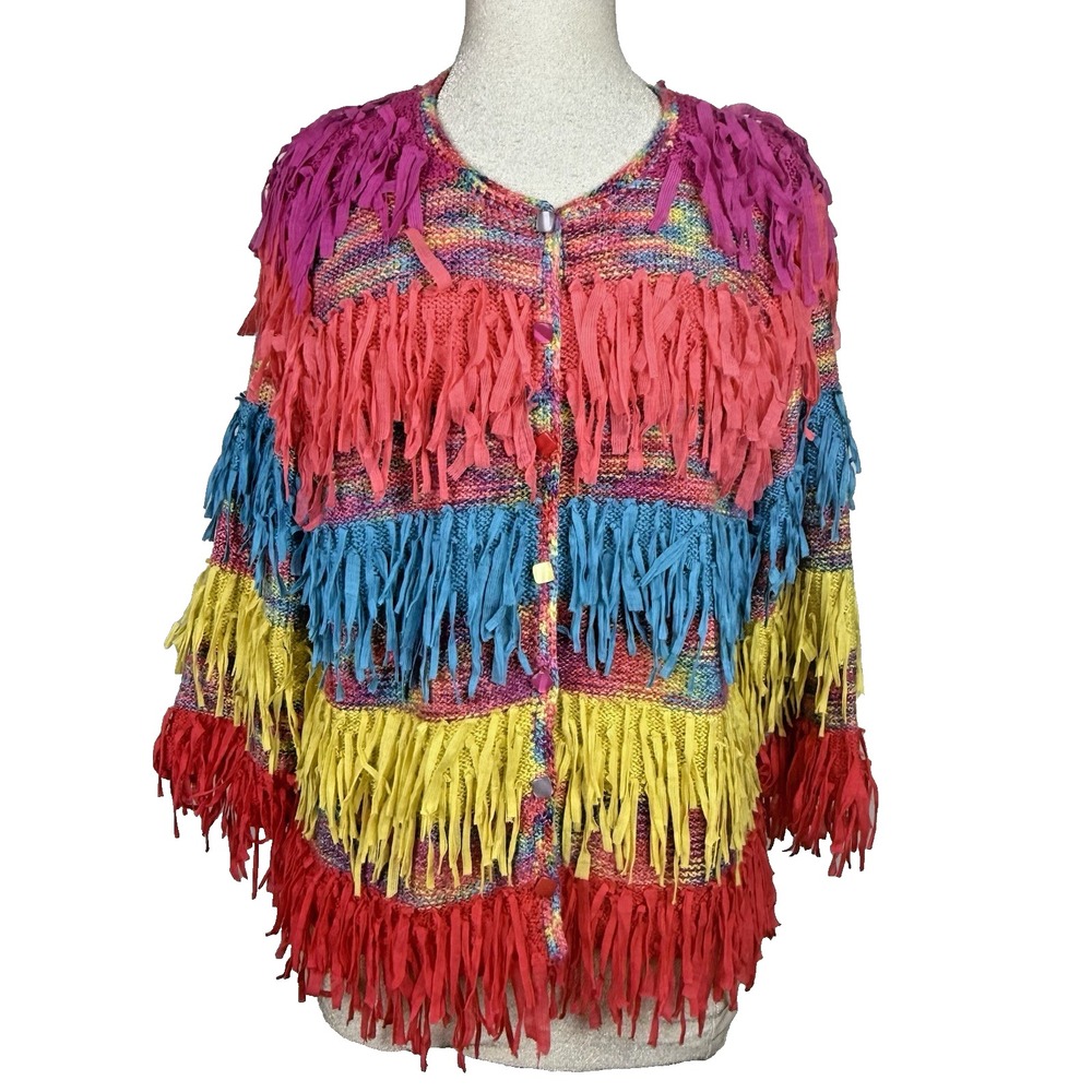 Design Options Fringed Shag Cardigan Sweater Womens XL Rainbow Knit Colorful